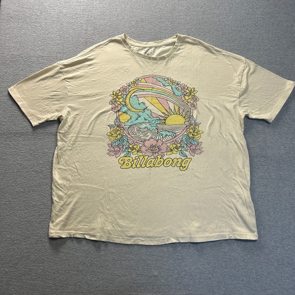 Billabong Tops - Billabong Graphic T Shirt Womens XXL Cream Retro Surf Rainbow Wave Floral Cotton